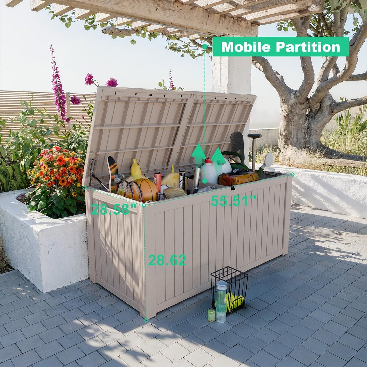 180 Gallon Outdoor Deck Box,Storage Lockable Waterproof Patio Furniture,Garden Tools,Cushions,Pool Accessories Outside Storage Resin Box(Grey)