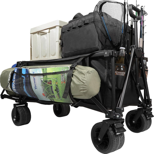 REDCAMP 49" L Extended Collapsible Beach Fishing Cart with Rod Holders, 330LBS Heavy Duty Extra Large Folding Utility Garden Cart with Tailgate and Big All-Terrain Wheels for Grocery, Sport, Fishing