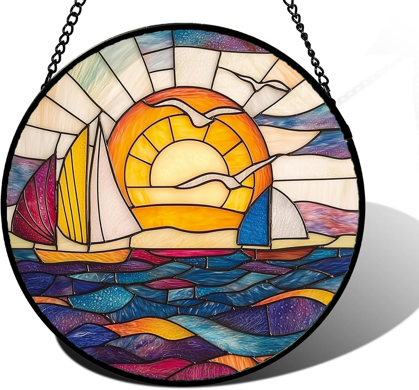 Stained Glass Window Hanging, Sailboat and Waves Suncatcher Diamond Glass Panel Hangings Sun Catchers Decor for Birthday for Women, Men, Wife, Aunt, and Mom 9.8 in