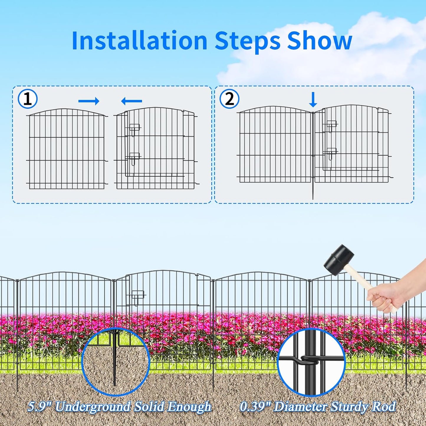 INJOPEXI Garden Fence 12 Panels 23.6ft (L)×24in (H) Decorative Garden Fences with 11 Fence Panels + 1 Gate Rustproof Wire No Dig Garden Fence Animal Barrier Fencing for Outdoor Backyard Patio - Black