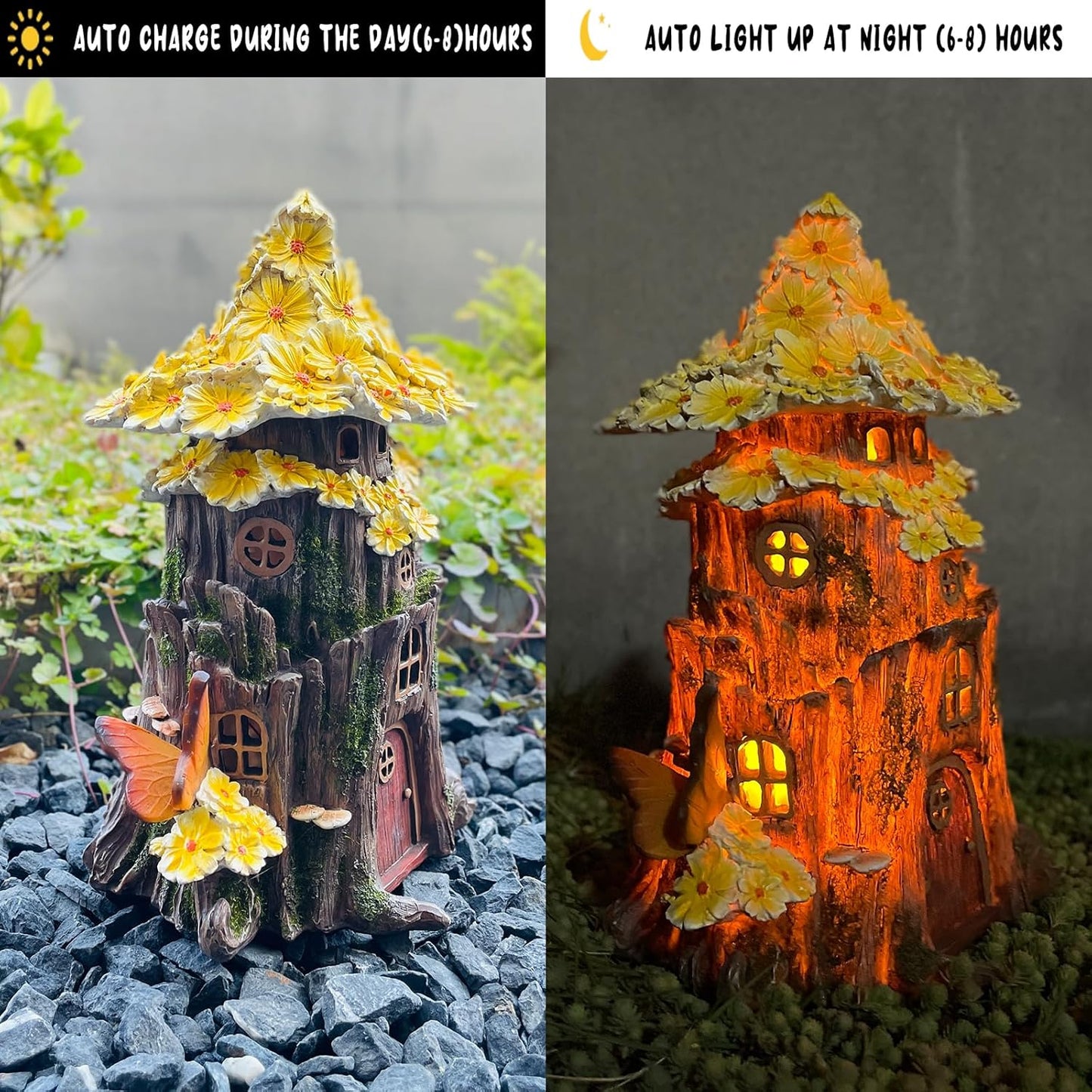 COWOS Solar Fairy House, Fairy Garden Decor House, Solar Powered Lights Garden Figurine for Outdoor Patio Lawn Yard Garden Decorations