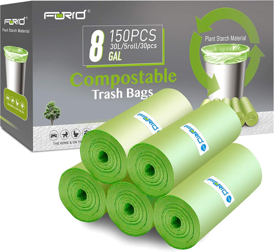 Compostable Trash Bags - FORID 8 Gallon Garbage Bags 150 Count Trash Can Liners 30 Liter Unscented Medium Wastebasket Bags for Kitchen Bathroom Home Office Garbage Can (5Rolls/Green) - Durable & Thick