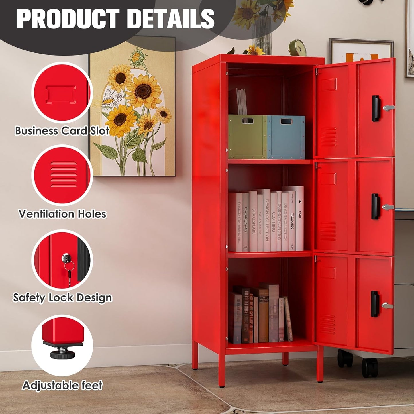 Metal Storage Locker with Ventilation Holes, Metal Storage Locker with Lock and Card Slot for School, Office, Home,47.3" H x 15.8" W x 15.8" D,Assembly Required,Red