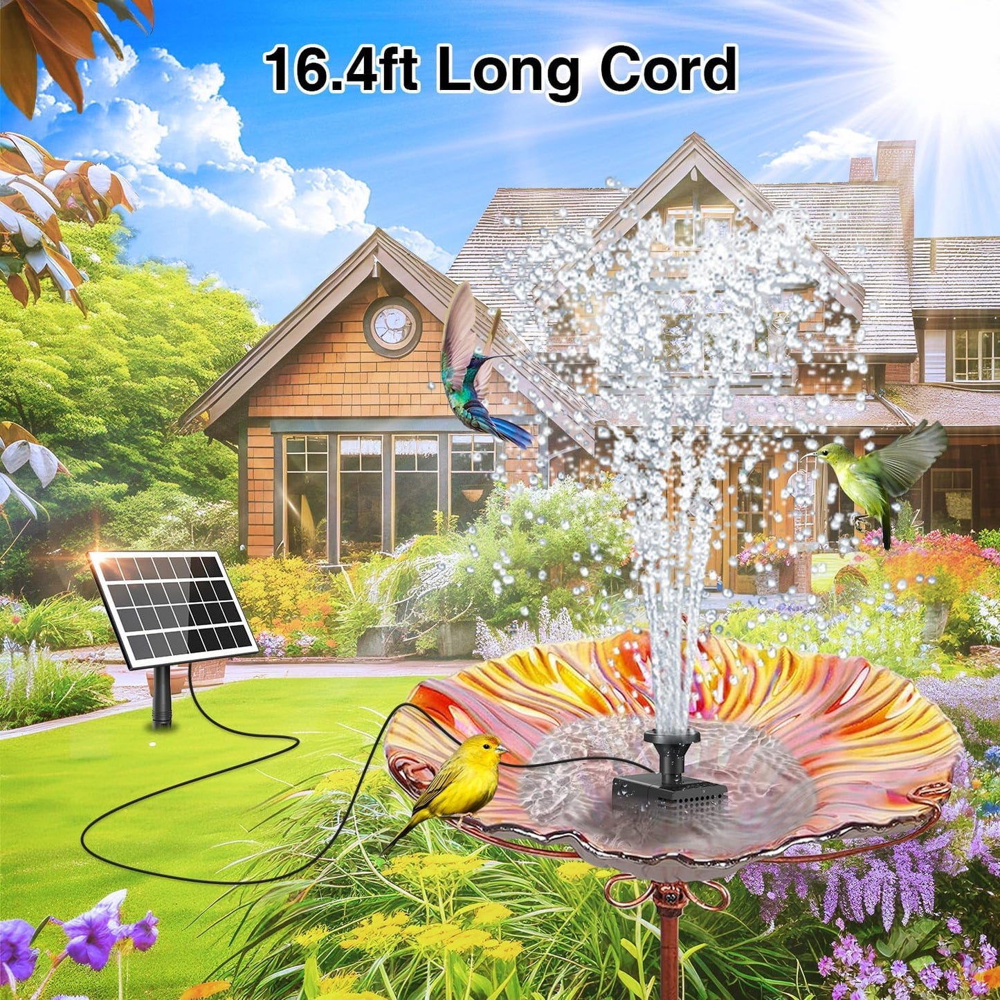Solar Fountain Kit Works in Shade Glass,3.5W Solar Water Pump with 2000mAH Battery, Solar Bird Bath Fountain with Sucker and Stake for Garden, Outdoor, Water Feature-16.4ft Power Cord,7 Nozzles