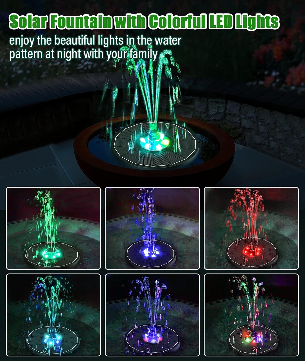 SZMP Solar Water Fountain Upgraded 100% Glass Panel, 3.5W Solar Powered Fountain Built-in 2000 Battery with 7 Nozzle & 4 Fixer, Solar Fountain Pump for Bird Baths, Fish Tank, Outdoor (Colorful)
