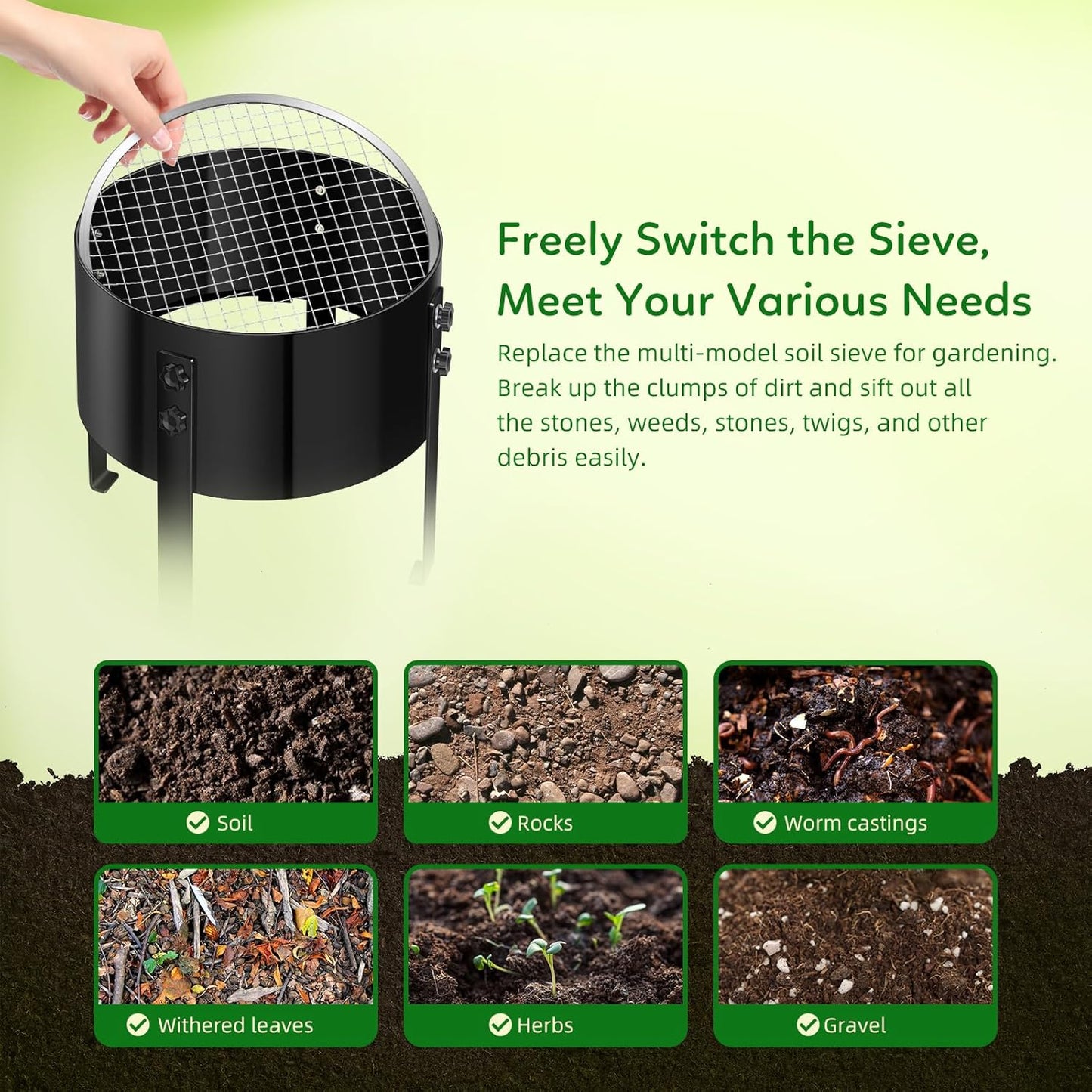 New Upgrade Rotary Soil Sifter Compost Sieve, 13 Inch Heavy-Duty Garden Soil Screen with 4 Replaceable Sifting Sieve (3/6/9/12mm) for Sand Rocks Dirt Compost, Includes Gardening Shovel & Gloves Kit ‌