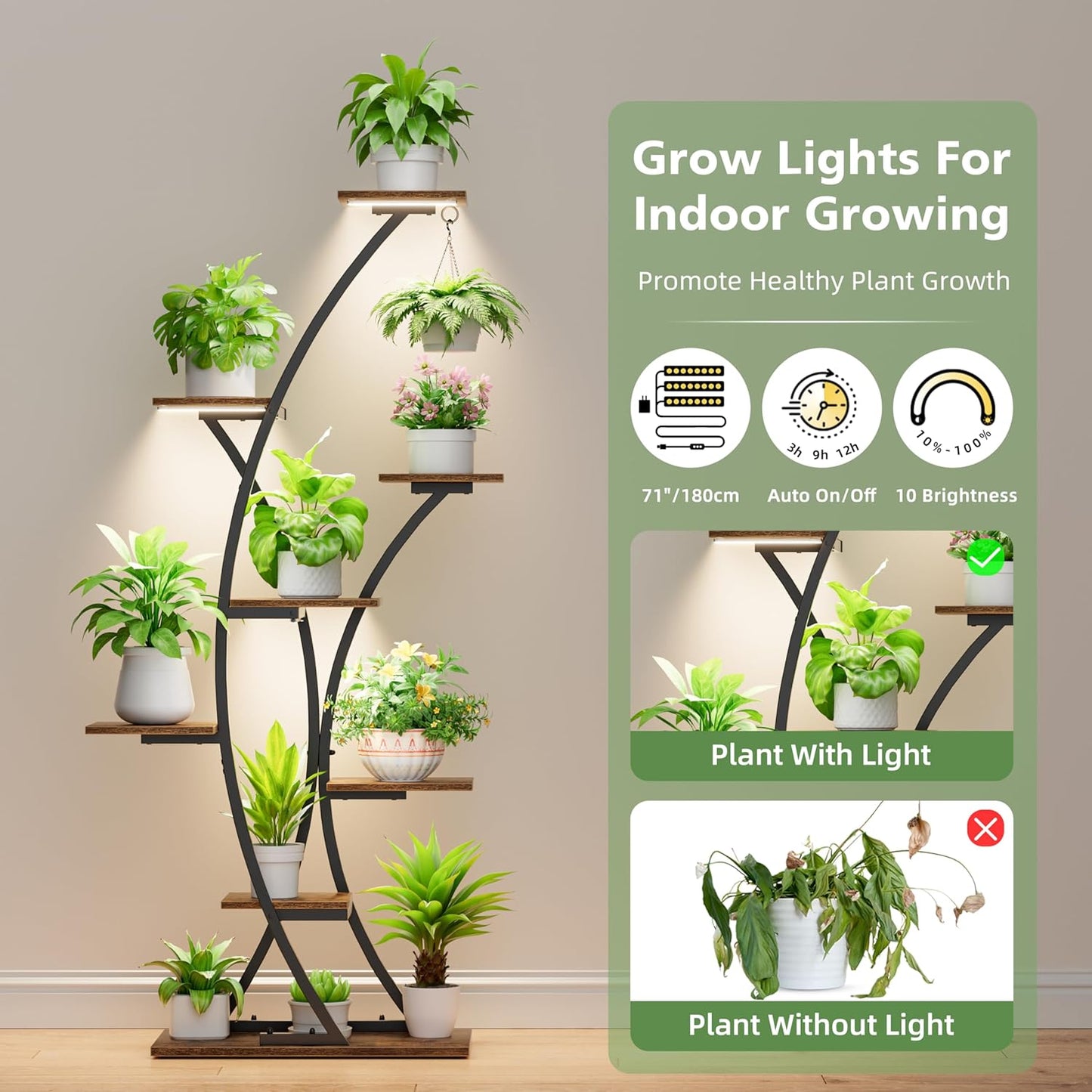 Plant Stand Indoor with Grow Lights: 64" 2 Pack Large Plant Stands, 8 Tiered Curved Plant Shelf for Indoor Plants Multiple, Tall Lighted Corner Display Shelves, Flower Holder for Living Room, Patio