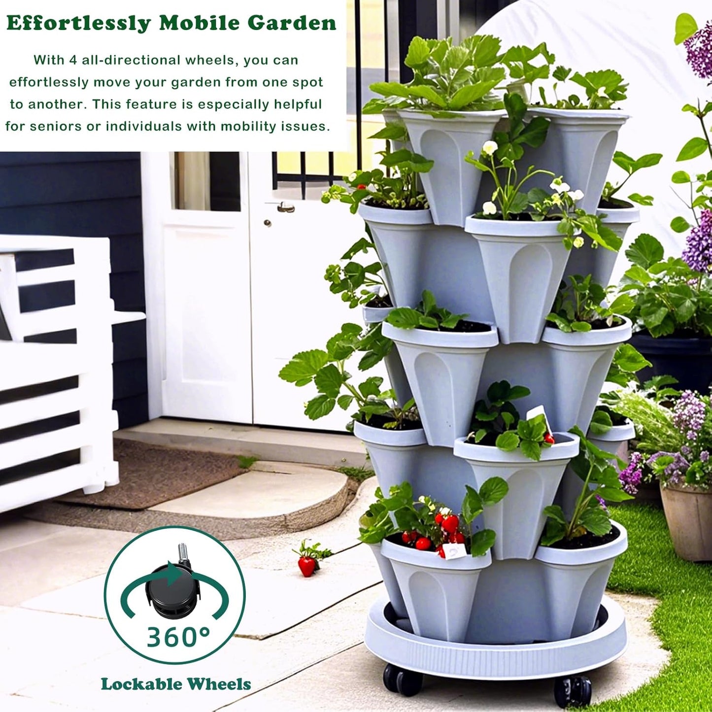 7 Tiered Strawberry Planters 2 Pack, Vertical Stackable Planter, Herb Stacking Tower Garden, Flower and Vegetable Planters with Support Pole Indoor and Outdoor with Removable Wheels - White