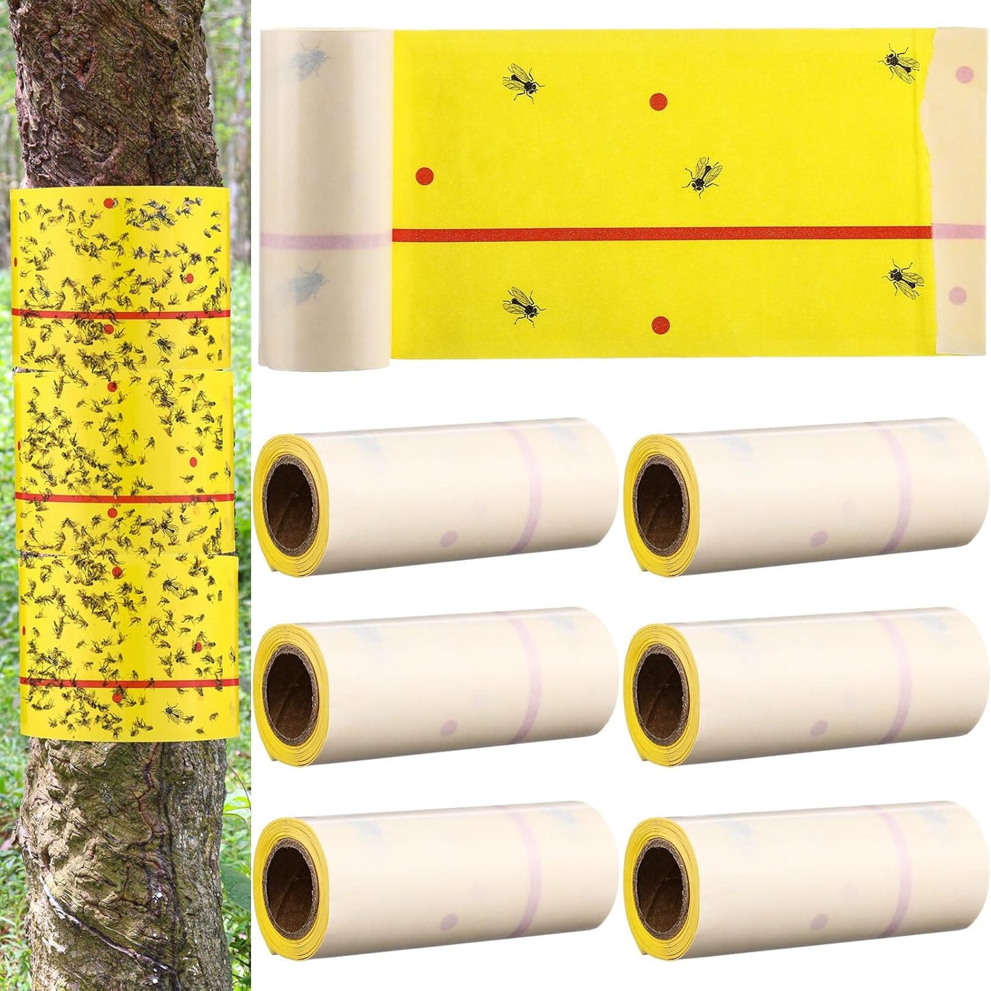 Qualirey 6 Rolls Spotted Lantern Fly Traps 30 Feet Each Roll Fly Tree Trap Sticky Strips Outdoor Fruit Glue Strips Disposable Tape Indoor Paper Sheets for Protecting Trees (Yellow)