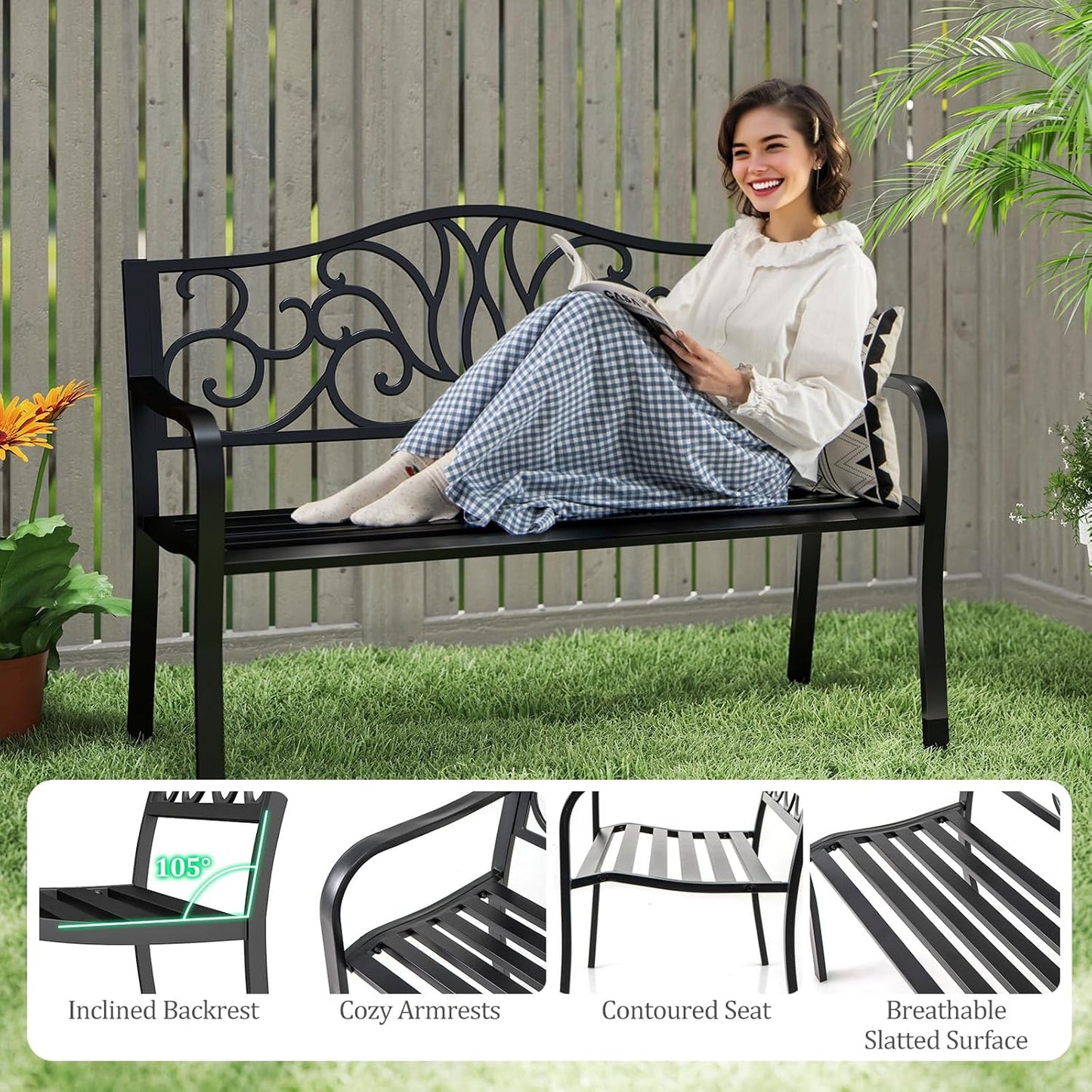Tangkula 50 Inches Outdoor Garden Park Bench, Cast Iron Metal Front Porch Loveseat with Floral Design Backrest and Slatted Seat, Patio Bench with Armrests for Outside, Yard and Lawn, Black
