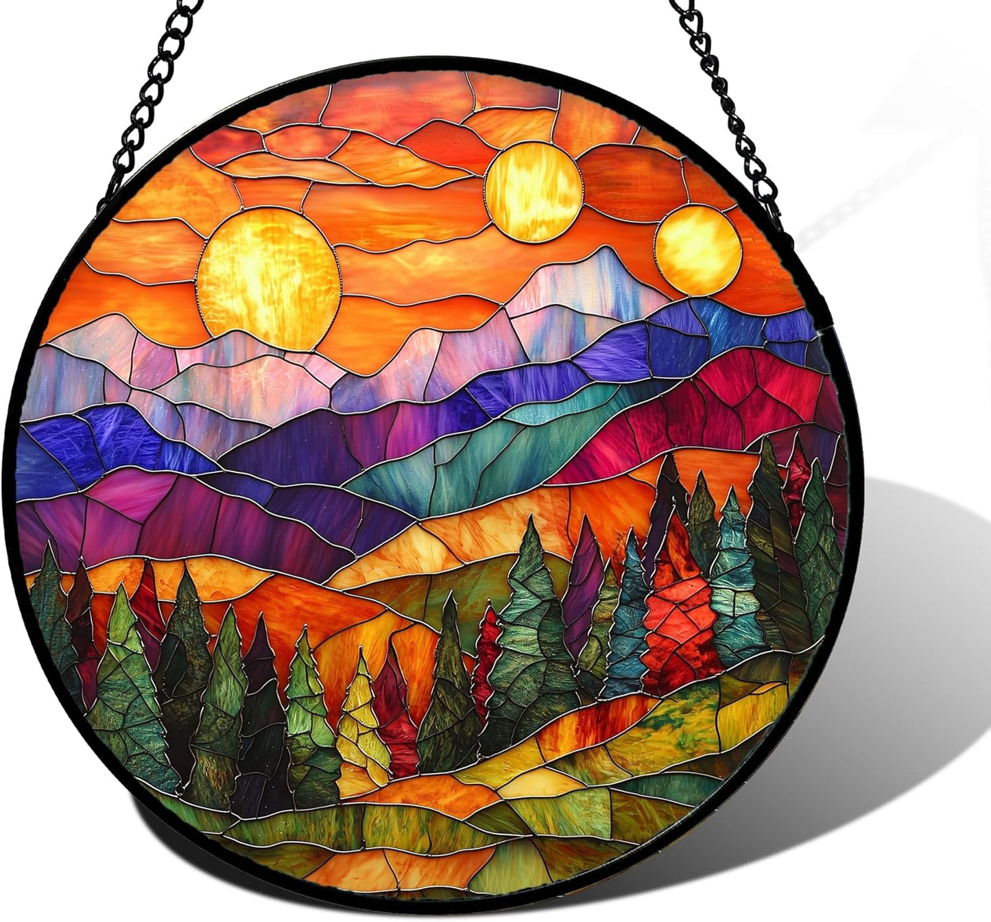 Stained Glass Window Hanging, Sunset Abstract Sun Catchers Colorful Glass Panel Landscape Suncatcher Decor for Birthday for Women, Men, Wife, Aunt, and Mom 9.8 in