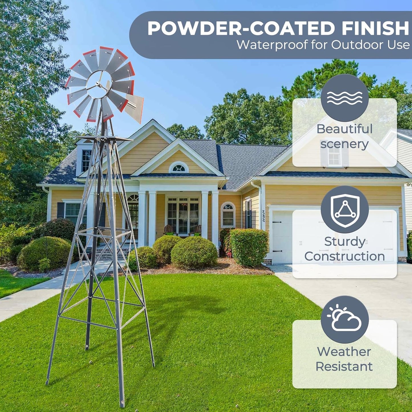 Outvita 8FT Ornamental Windmill, Heavy Duty Durable Metal Weather Vane Garden Decoration Weather Resistant for Garden, Yard, Farm, Seaside (8ft-Gray)