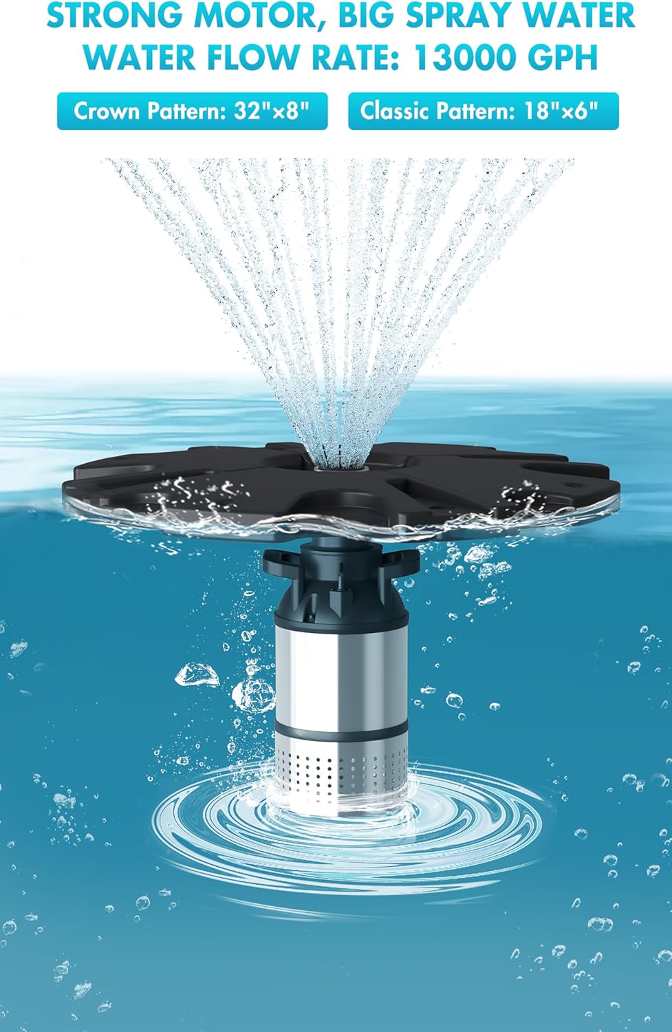 HQUA-FS01 110V, 1/2HP, OD(φ) 32” Large Pond Floating Fountain with 13000 GPH Fountain Pump, 100’ Power Cord, Two Spray Patterns 32'×12' and 18'×6'