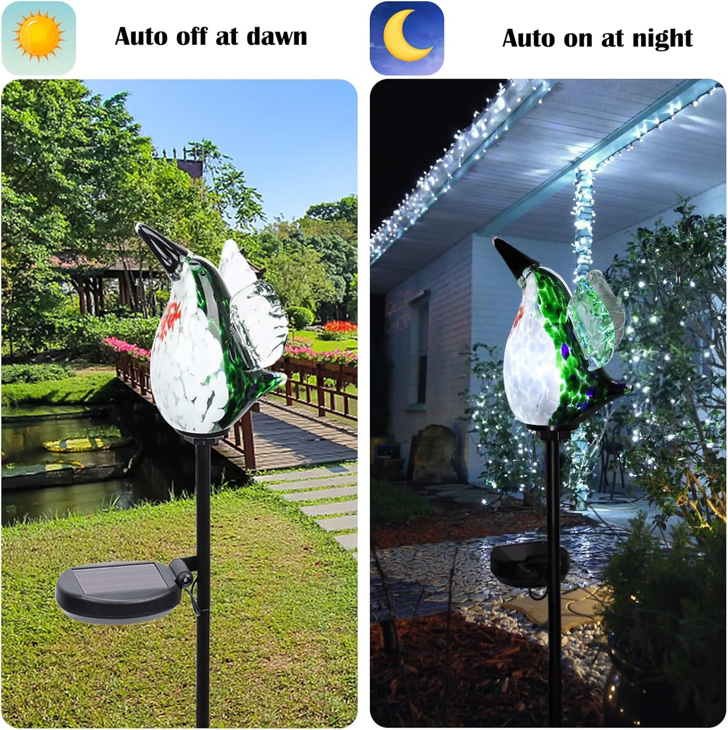 Afirst Solar Hummingbird Garden Stake Lights Hand Blown Glass Decorative Garden Pathway Lights Outdoor Waterproof Bird Glass Stakes 2 Pack