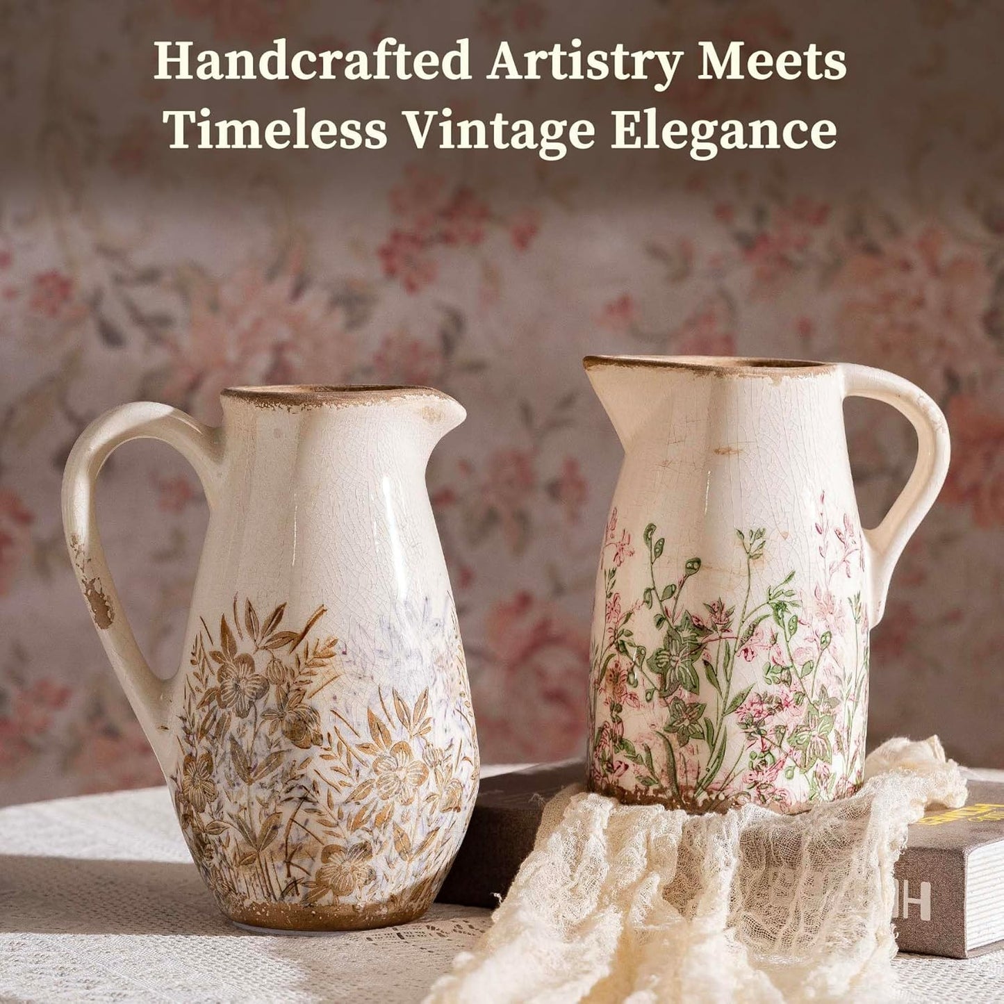 Purple and Borwn Floral Vintage Vase with Handle, French Country Floral Pitcher Vase, Rustic Ceramic Farmhouse Vases for Home Decor, Living Room, Bookshelf, Grand Millennial Tuscan Decor 8.7 in