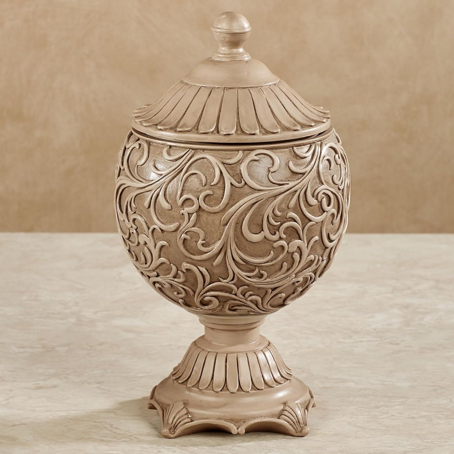 Abriella Traditional Decorative Covered Jar Tan Spherical Scrolls 11 Inches High