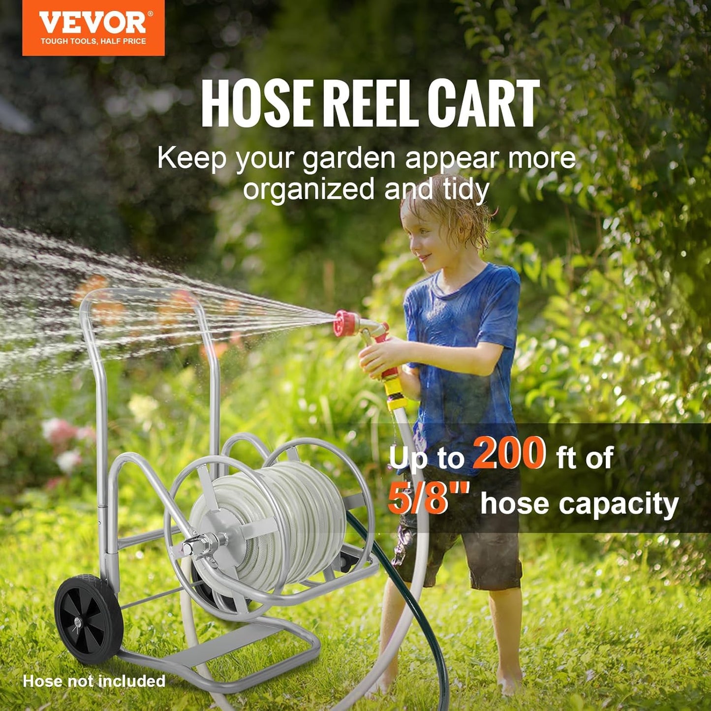 VEVOR Hose Reel Cart, Hold Up to 200 ft of 5/8 in Hose (Hose Not Included), Garden Water Hose Carts Mobile Tools with Wheels, Heavy Duty Powder-Coated Steel Outdoor Planting for Garden, Yard, Lawn