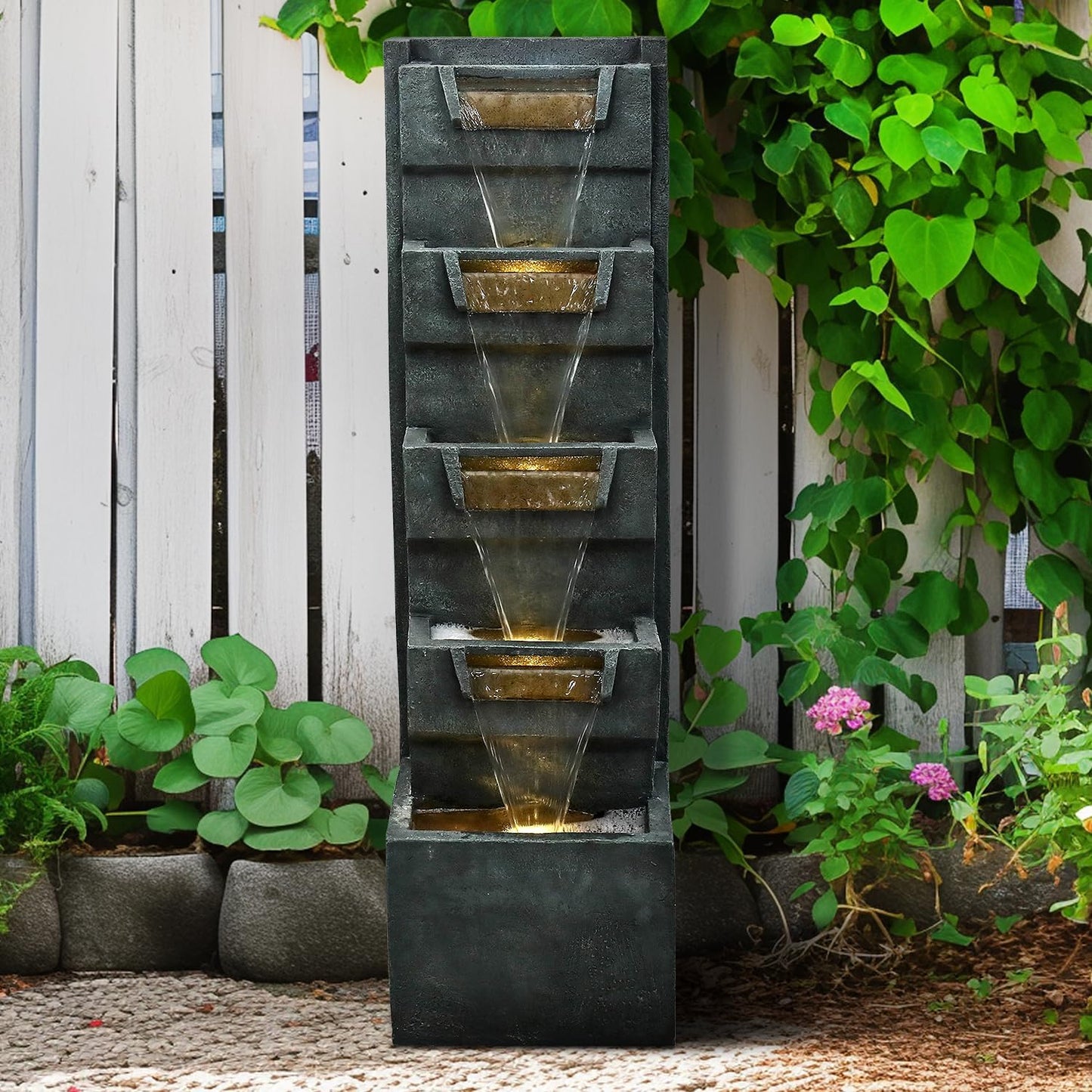 SunJet 39.3inches High Modern Water Fountain – 5-Tier Outdoor/Indoor Water Fountain with Soothing Water Sounds & Warm LED Light, Perfect for Garden, Patio, Home & Office