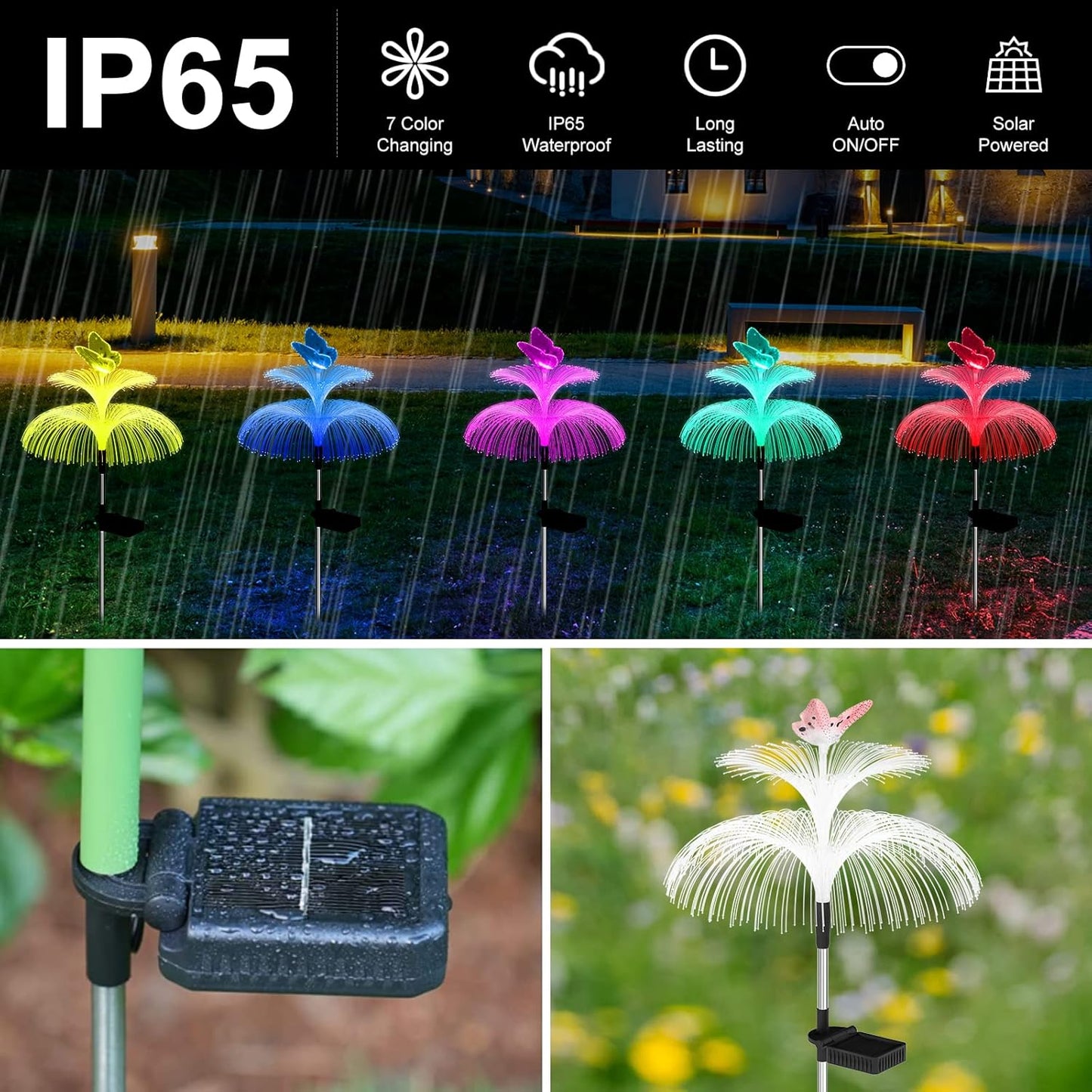 Solar Garden Lights Waterproof 3 Pack Solar Lights Outdoor Decorative 7 Color Changing Double Jellyfish and Butterfly Flower Garden Decor Yard Christmas Pool Outdoor, Gifts for Mother's Women