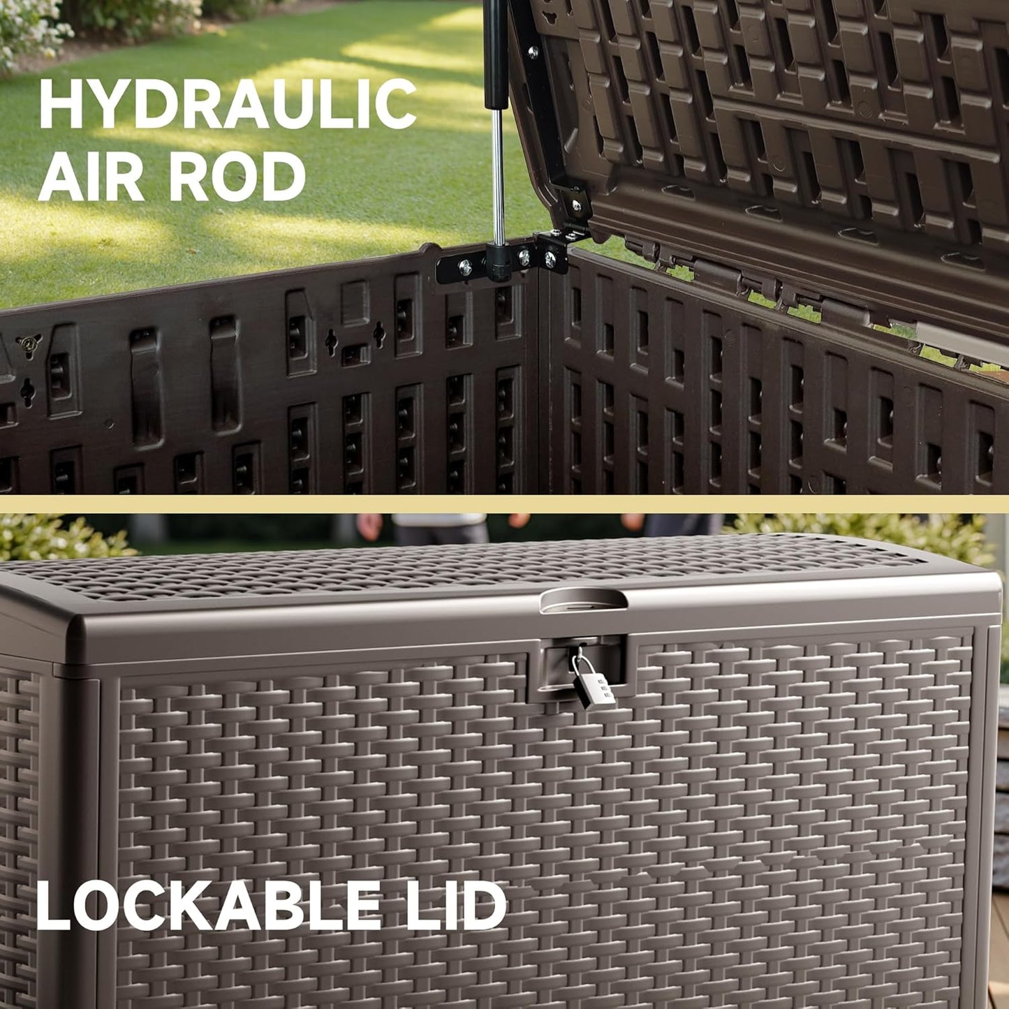 150 Gallon Deck Box, Double Layer Waterproof Resin Outdoor Indoor Storage Box, Lockable & UV Resistant Storage Bin for Patio Furniture, Garden Tools, Pool Accessories (Brown)