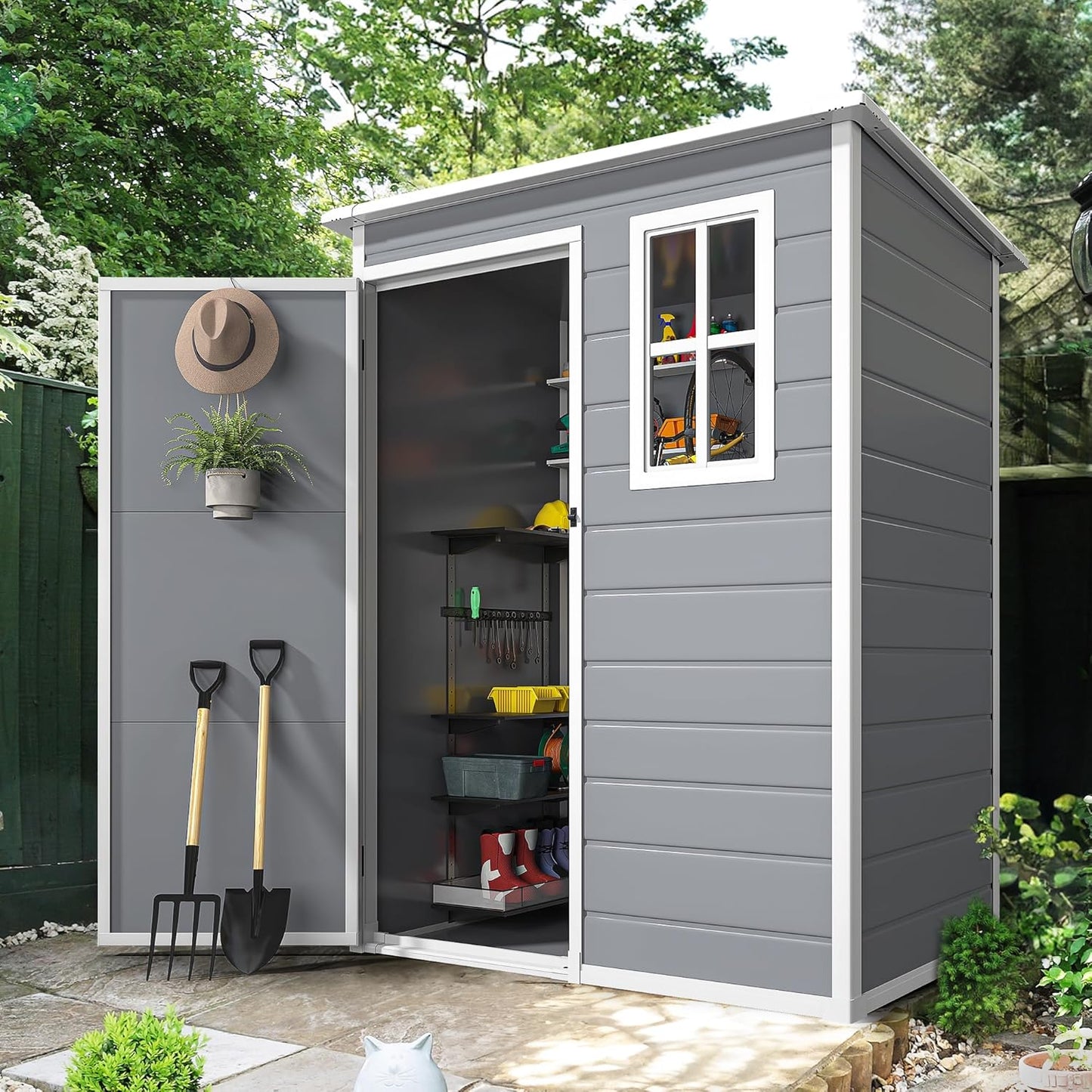 DWVO 5x3 FT Outdoor Storage Shed with Reinforced Floor, All-Weather Resin Storage Shed with Lockable Door & Window, Waterproof Plastic Tool Storage for Garden, Backyard, Patio, Lawn
