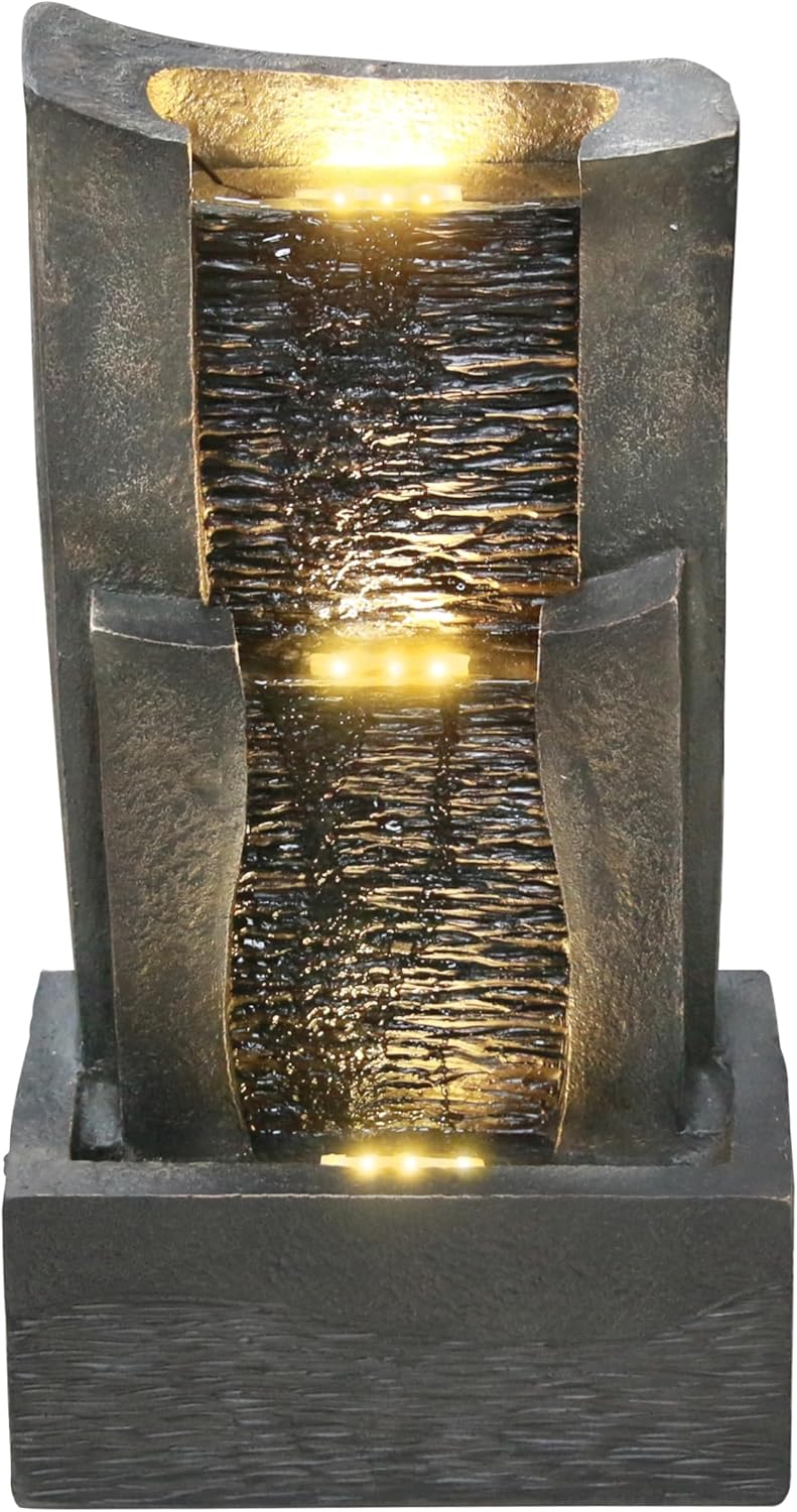 3-Tiers Outdoor Rock Water Fountain with LED Light, Standing Cascading Water Feature, Faux Stone Waterfalls Fountain Decor for Garden Patio Yard Lawn and Deck (Grey)