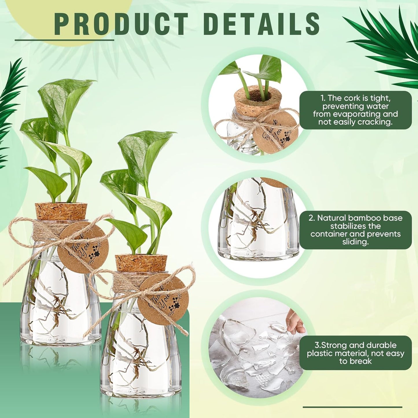 Baderke 24 Pack 3.35'' Plastic Plant Propagation Stations with Hole Lid Planter Vase Clear Propagation Jars with Thank You Tags for Plant Lover Gifts for Women Office Home Garden (Cute)