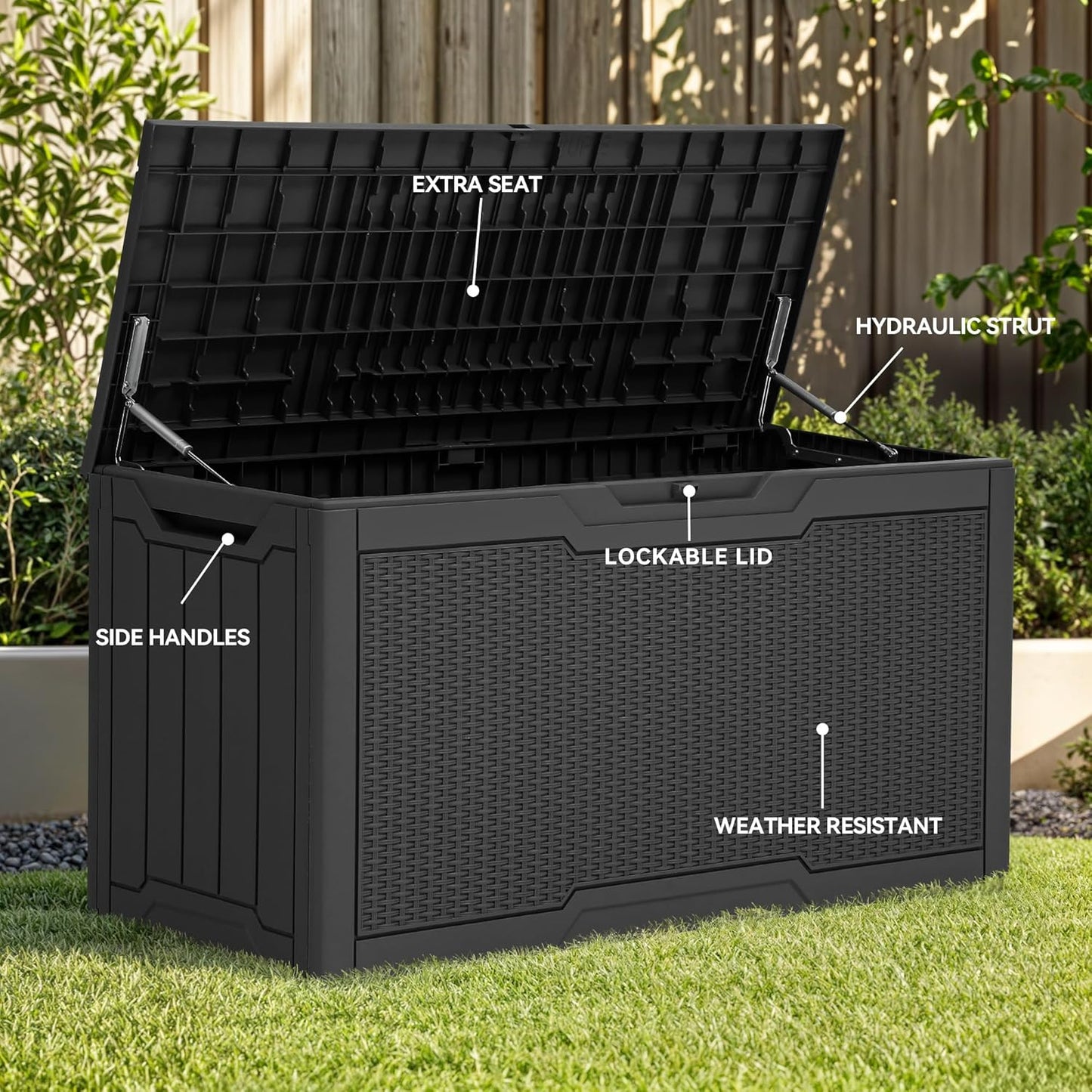 YITAHOME 80 Gallon Resin Deck Box, Weather Resistant Outdoor Rattan Storage Box, Lockable Indoor Outdoor Storage for Supplies and Essentials, Black