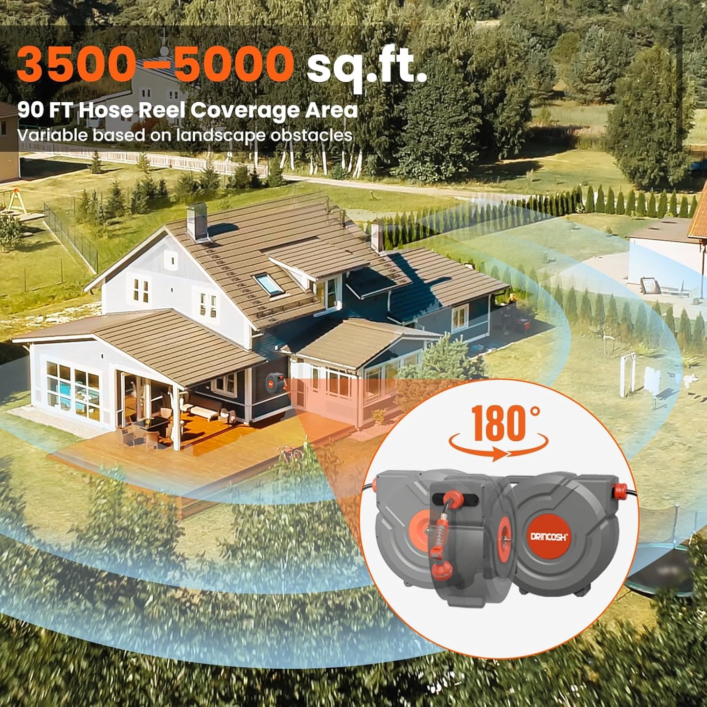 Upgraded Retractable Garden Hose 5/8 in x 90 ft Heavy Duty Wall-Mounted Hose Reel 180°Swivel Automatic Slow Return Any Length Lock 9 Pattern Nozzle UV Resistant (Black)