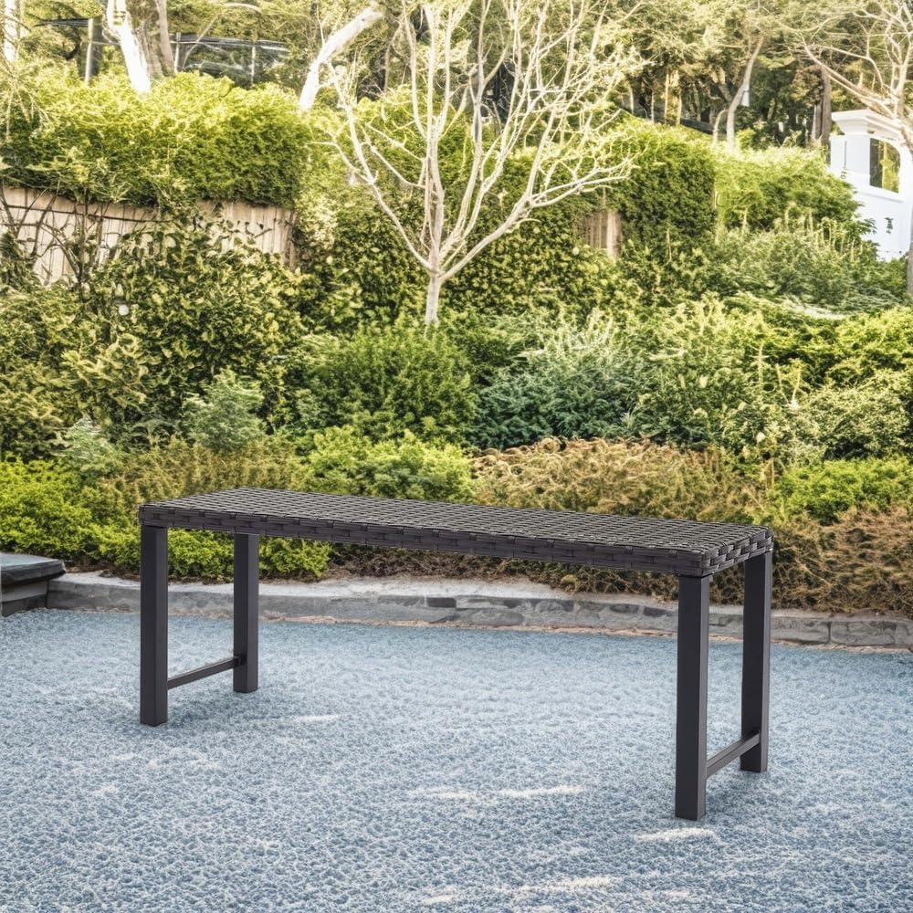 46" Outdoor Rattan Backless Bench, All-Weather Patio Garden Bench for Backyard, Porch, or Lawn, Durable Steel Bench for Outdoor Spaces
