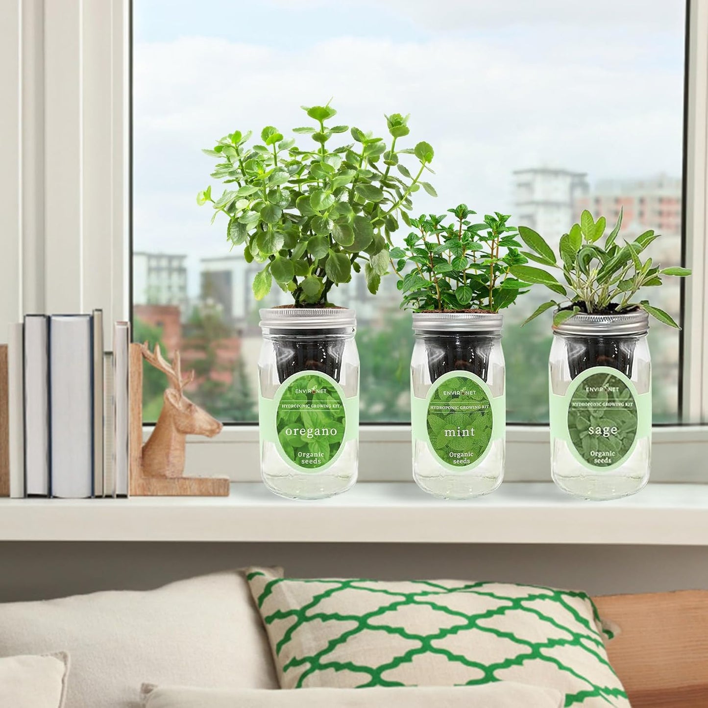 Hydroponic Herb Growing Kit Set, Self-Watering Mason Jar Herb Garden Starter Kit Indoor, Windowsill Herbs Garden. Grow Your Own Herbs from Organic Seeds (Mint, Sage, Oregano)
