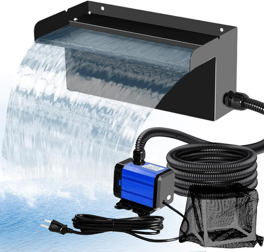 Pond Waterfall Kit with Pond Filter Box - 55W Submersible Pump & 12" Adjustable Waterfall Spillway | Complete Set with Extra Long Hose for Garden Ponds, Backyard Water Features