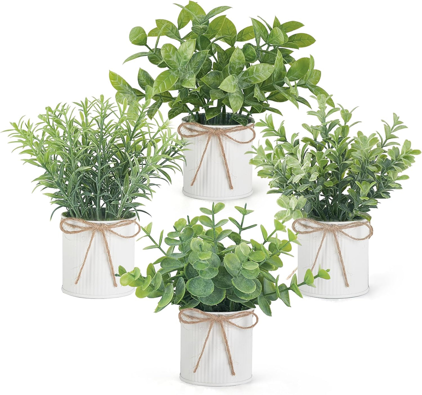 Mkono 4 Packs Small Fake Plants in Farmhouse Galvanized Pots Table Centerpiece Mini Potted Artificial Plants Faux Eucalyptus for Shelf Office Rustic Home Decor (White)