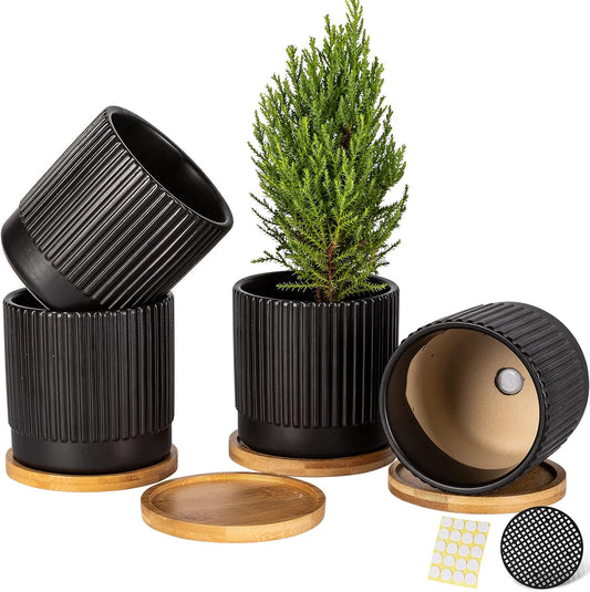 AOMRYOM 4.25 Inch Small Garden Ceramic Plant Pots with Drainage Holes and Tray, Modern Flower Planter Pots for Indoor Plants, Succulent, Cactus and Herbs, Black Stripe, Set of 4 (Plant Not Included)