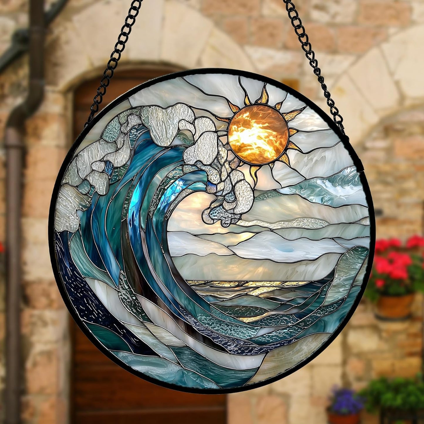 Stained Glass Window Hanging, Blue and White Waves Suncatcher Diamond Glass Panel Landscape Sun Catchers Decor for Birthday for Women, Men, Wife, Aunt, and Mom 6.3 x6.3 in