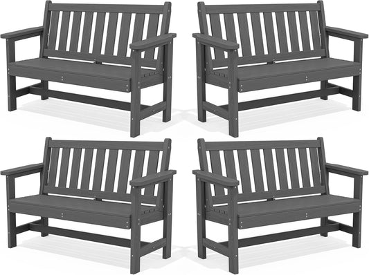 SERWALL Outdoor Bench, HDPE Outdoor Benches Weatherproof, 2-Person Garden Bench with 660 lbs Weight Capacity, Patio Benches for Outdoors, Garden, Porch, Backyard and Park, Grey, 4 Pack