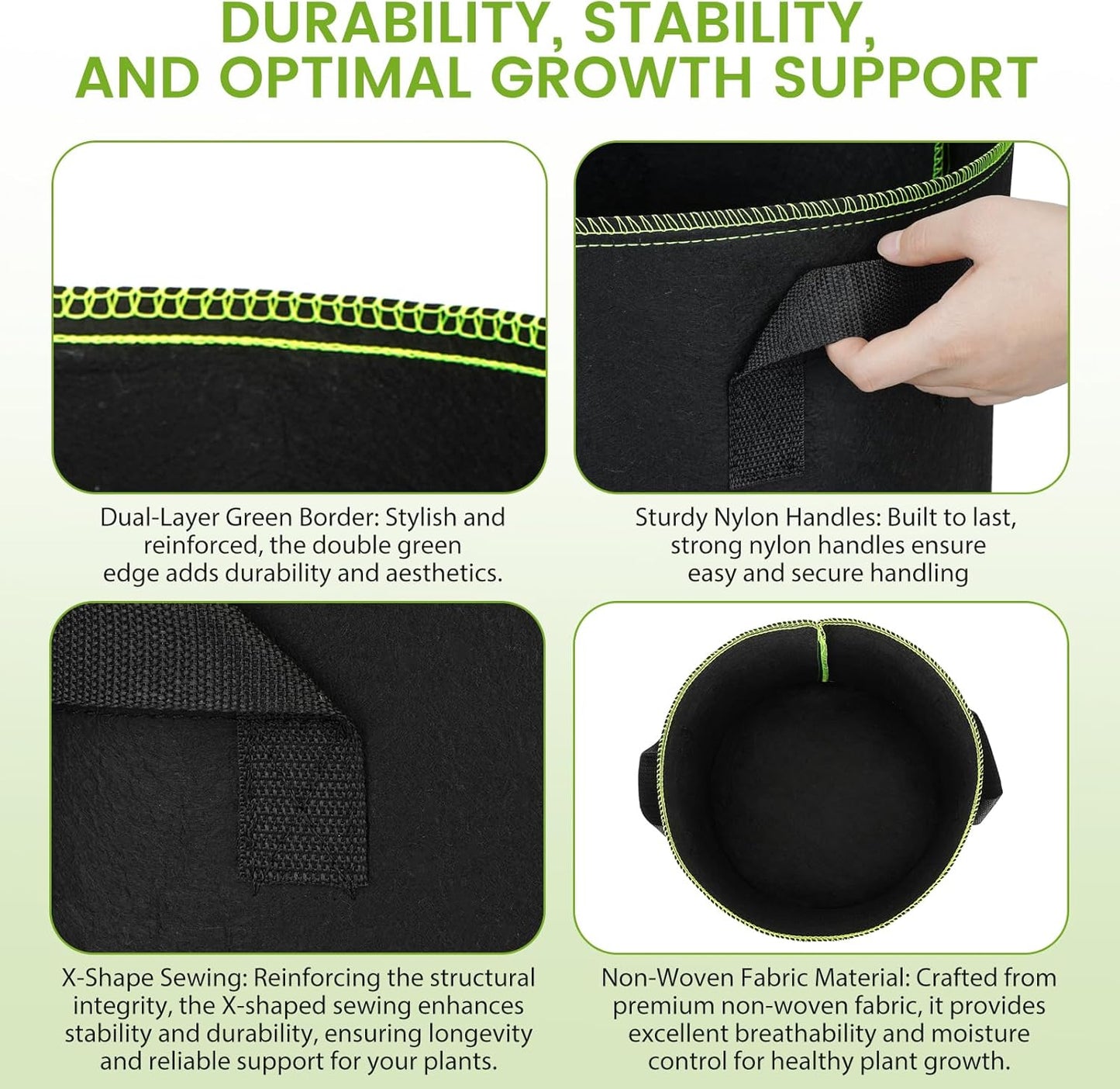 Grow Bags 5 Gallon10Pcs Heavy Duty 300G Fabric Pots for Plants,Thickened Nonwoven Garden Bags for Vegetables,Large Nursery Pots,Tomato, Green Line Border (5 Gallons)