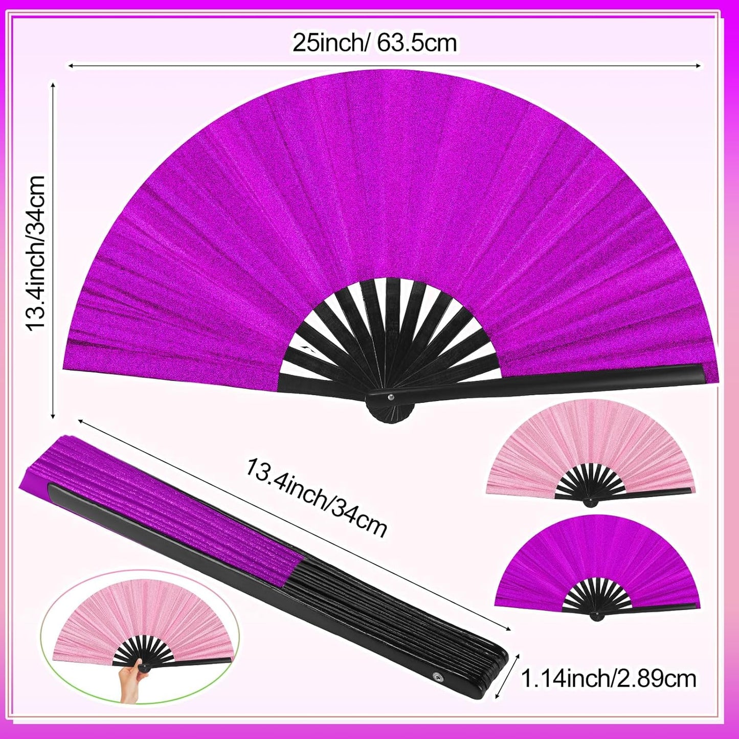 Maitys Large Clap Fans for Line Dancing Large Chinese Folding Hand Fans for Men and Women, Festival, Tai Ji, Kungfu, Martial Art, Gifts(Glitter Purple and Pink,2 Packs)