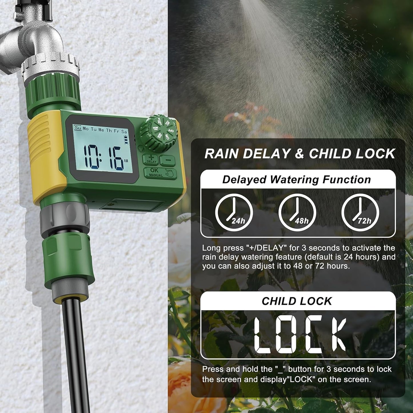 Garden Hose Timer Automatic Programmable - Digital Water Timer with LCD Display, Rain Delay & Manual Modes for Lawn Sprinkler System, Irrigation for Yard