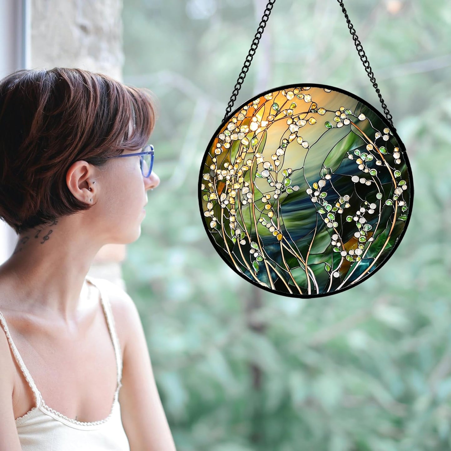 Stained Glass Suncatcher, Yellow Green Gradient Flower Sun Catcher Plants Stain Glass Window Hanging Decoration Mother's Day Birthday Gifts for Women Men Mom and Nana 11.8 in