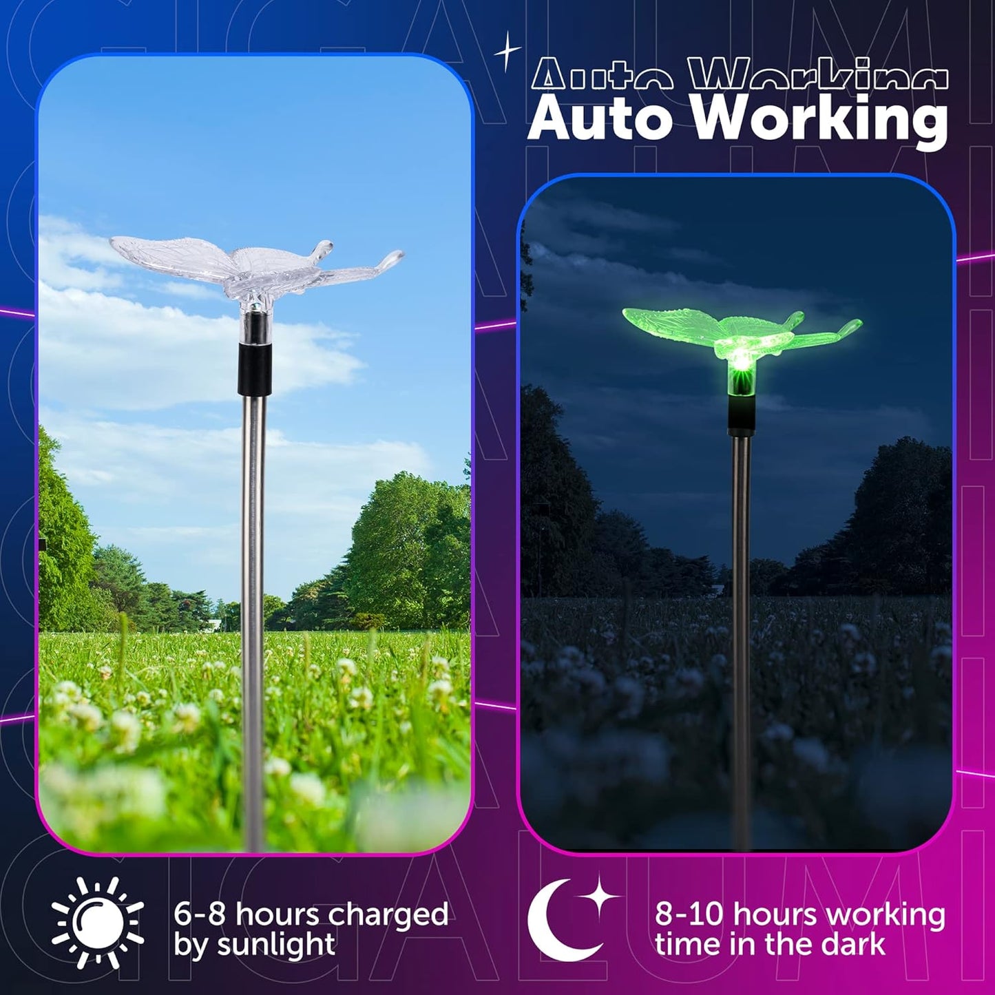 GIGALUMI Solar Garden Lights, 3 Pack Solar Butterfly Lights Decoration, Outdoor Garden Decoration Color Changing LED, Outdoor Decorative for Pathway, Lawn, Patio, Driveway