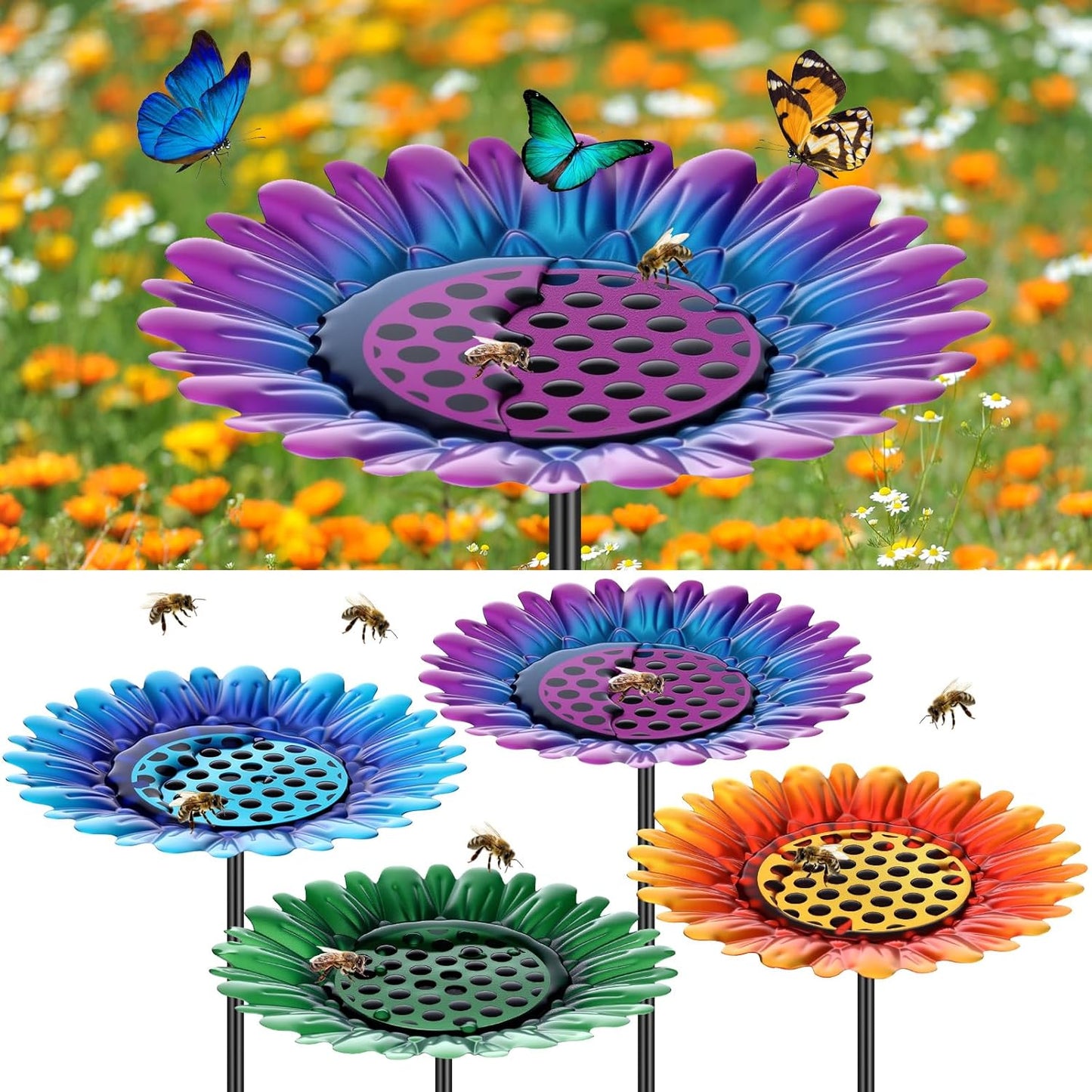 4 Pack Large Bee Watering Station 8.8'' for Bee Garden Anti Drowning Metal Pollinator Water Feeder Flower Butterfly Bath Bowl Colorful Bird Gardening Decoration, Rust Proof