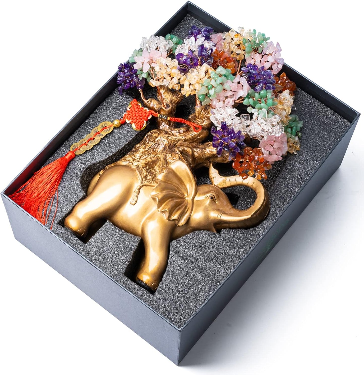 7 Chakra Crystal Money Tree on Gold Elephant Statue, 17”Large Gemstone Bonsai Tree of Life Home Décor Gifts for Wealth Positive Energy, Feng Shui Décor