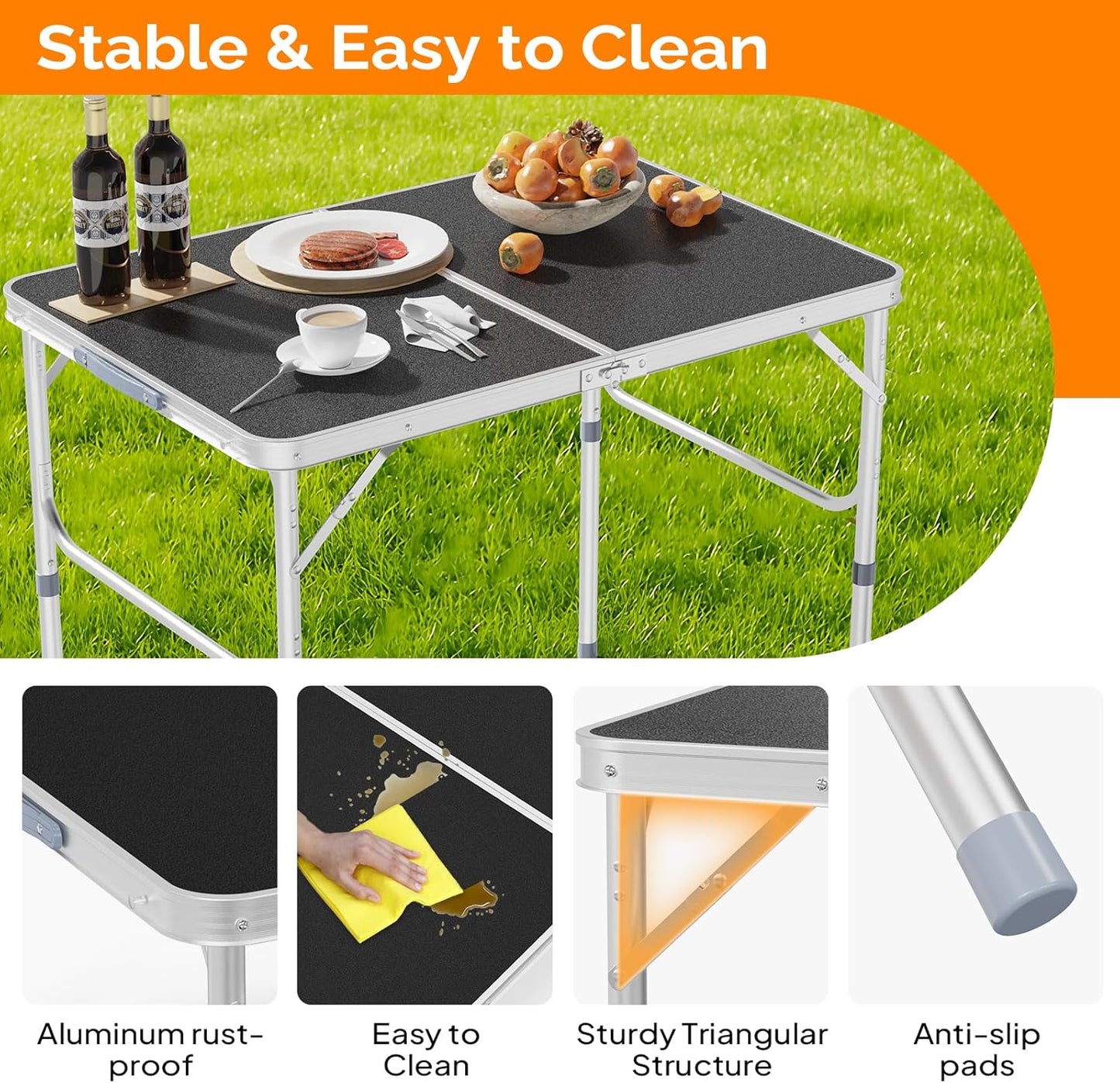 VINGLI 3FT Small Camping Table Adjustable Height Aluminum Folding Table for Picnic Party BBQ, Plastic RV Suitcase Table Portable Lightweight Fold Up Utility Outdoor Tables with Carrying Handle …