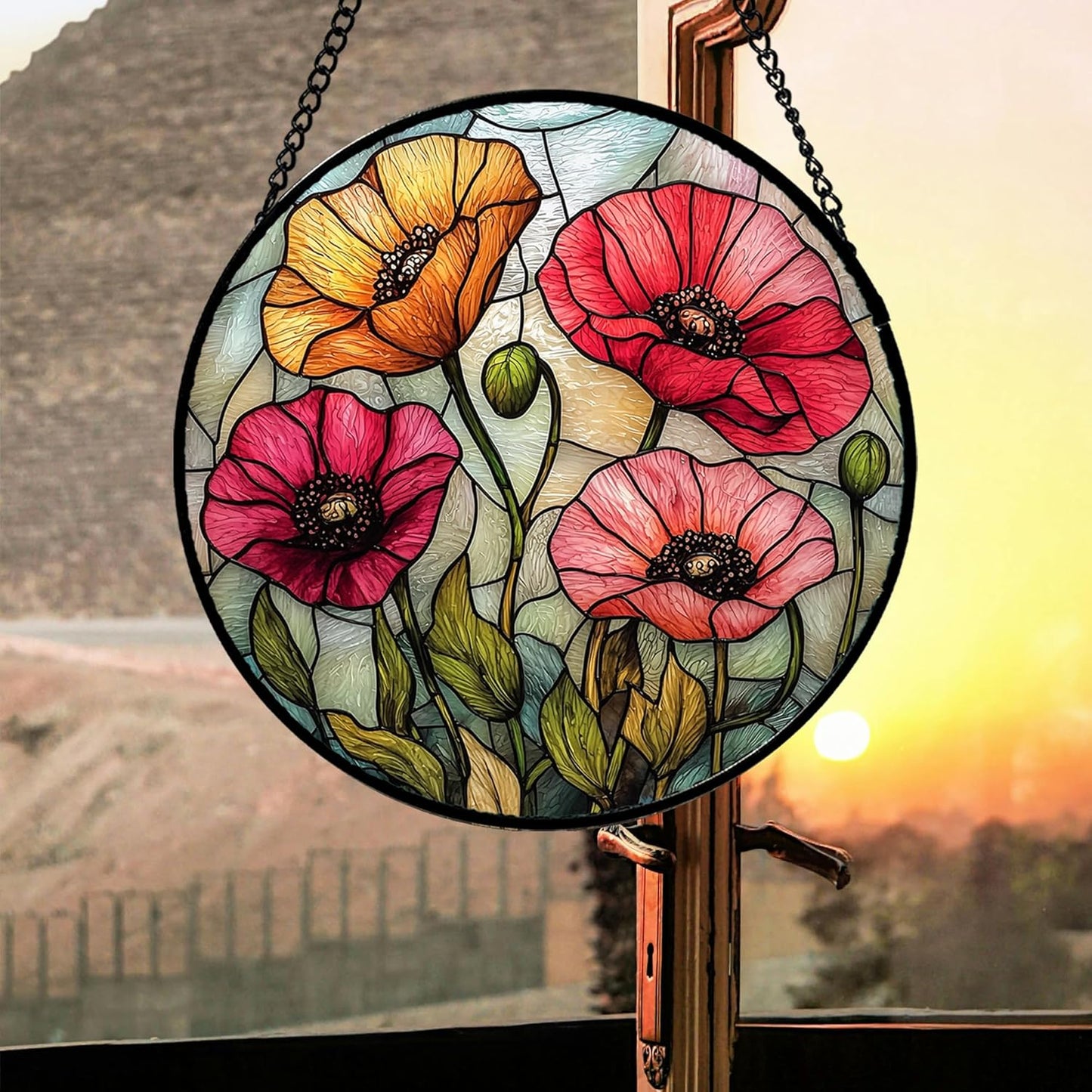 Stained Glass Suncatcher, Red Orange Poppy Flowers Sun Catcher Silver Background Wildflowers Window Hanging Decor Christmas Mother Birthday Gifts for Women Men Mom Nana 9.8 in