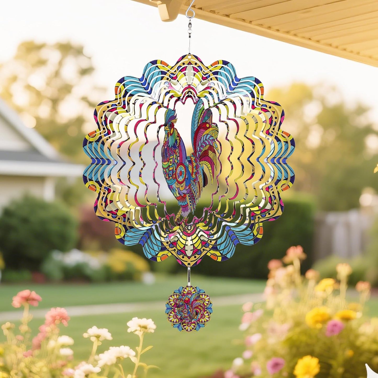 Wind Spinners Outdoor Hanging Rooster - Metal Chicken Gifts for Mom Women Grandma Men, 11.5 Inch 3D Stainless Steel Laser Cut Art Kinetic Wind Spinner for Indoor/Garden Porch Yard Decor