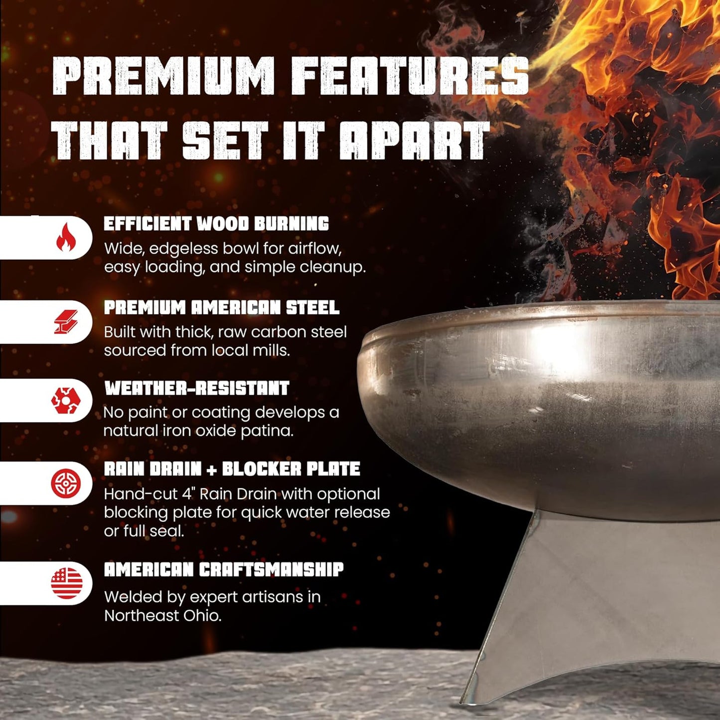 Liberty Fire Pit – Ohio Flame Wood Burning Outdoor Fire Pit - 42" Diameter with Standard Base (Made in USA)
