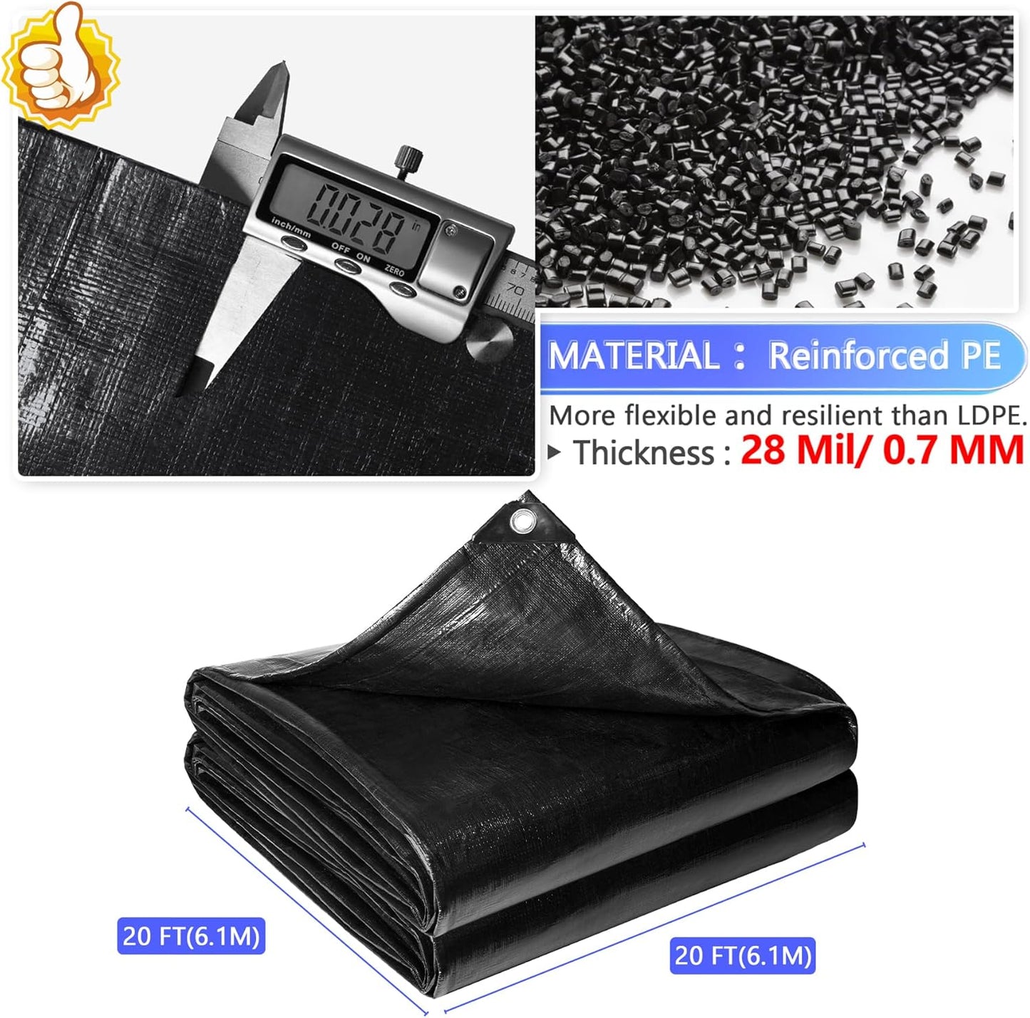 Reinforced PE Pond Liner 20 x 20 FT, 28 Mil Sun Resistant Preformed Pond Liner, Hemmed Edge with Buttonholes Liner for Outdoor Large Ponds, Fish/KOI/Duck Pond, Garden Waterfall, Waterscape, Black