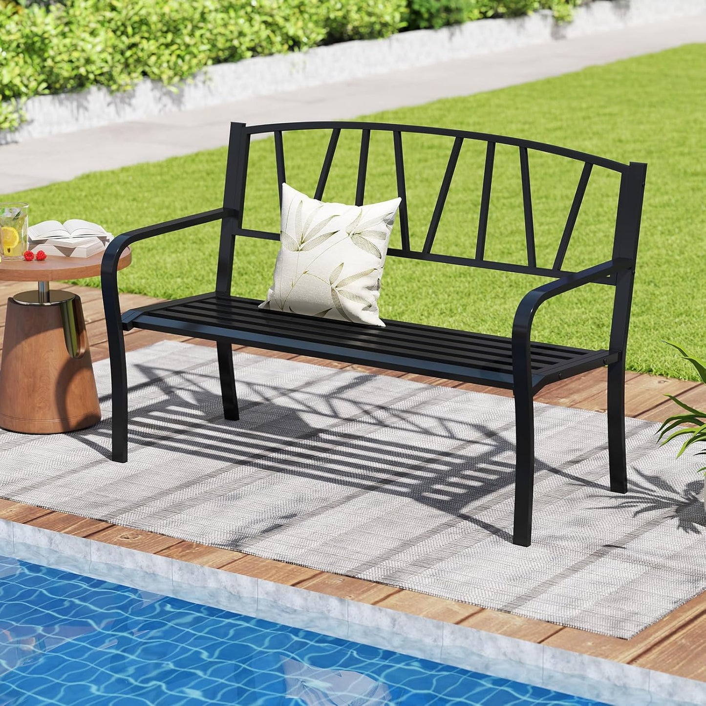 Tangkula Metal Patio Park Bench, Outdoor Garden Bench Loveseat for 2-3 People with Curved Armrests & Minimalist Backrest, Heavy-Duty Outdside Seating for Backyard, Poolside, Porch (Black)