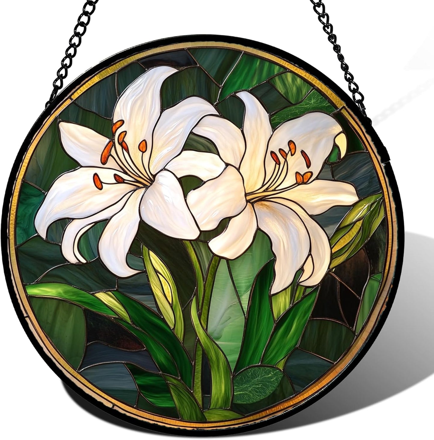 Stained Glass Window Hanging, White Lily Suncatcher for Door Garden Patio Birth Flower Green Plant Sun Catchers Decor Christmas Mother's Day Birthday Gifts for Women Mom Nana Friend 7.8 in